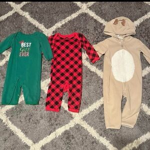 Unisex Baby coverall Christmas Set - Green, Red Plaid, Tan with Hood